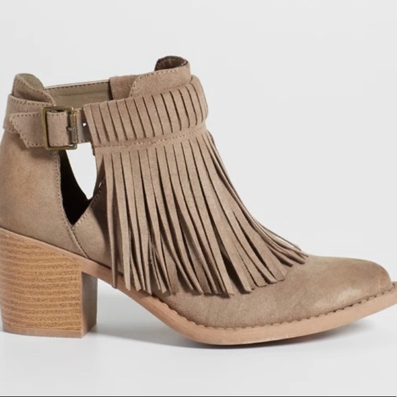 Maurices Shoes - 10 Maurice’s Jasmine taupe faux suede Fringe ankle boot on a stacked heel
